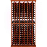 Wooden wine rack with multiple rows of wine bottles on a white background