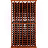 Wooden wine rack with multiple rows of wine bottles on a white background