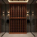 Wooden wine rack with bottles in a modern wine cellar setting.