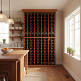 Wooden wine rack filled with bottles in a kitchen setting.