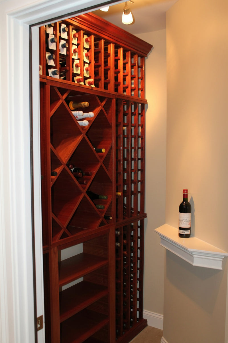 Wooden wine rack with bottles inside a closet space.
