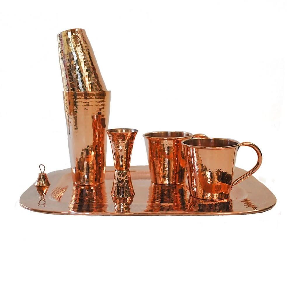 Copper Cocktail Set- two 12 oz Mule Mugs, copper shaker set, copper jigger, and 16" Rectangular copper Platter