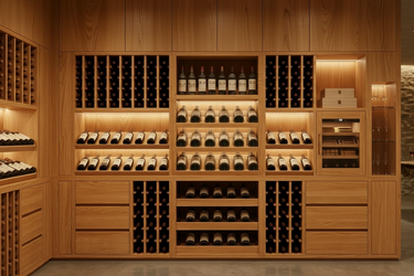 Wooden wine cellar with shelves filled with wine bottles