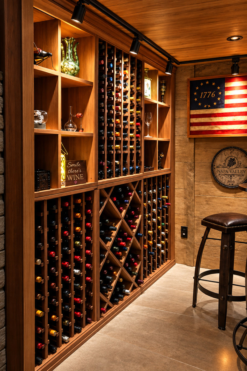 Wooden wine rack filled with bottles in a home setting.