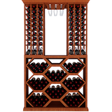 Wooden wine rack with bottles of wine on a white background