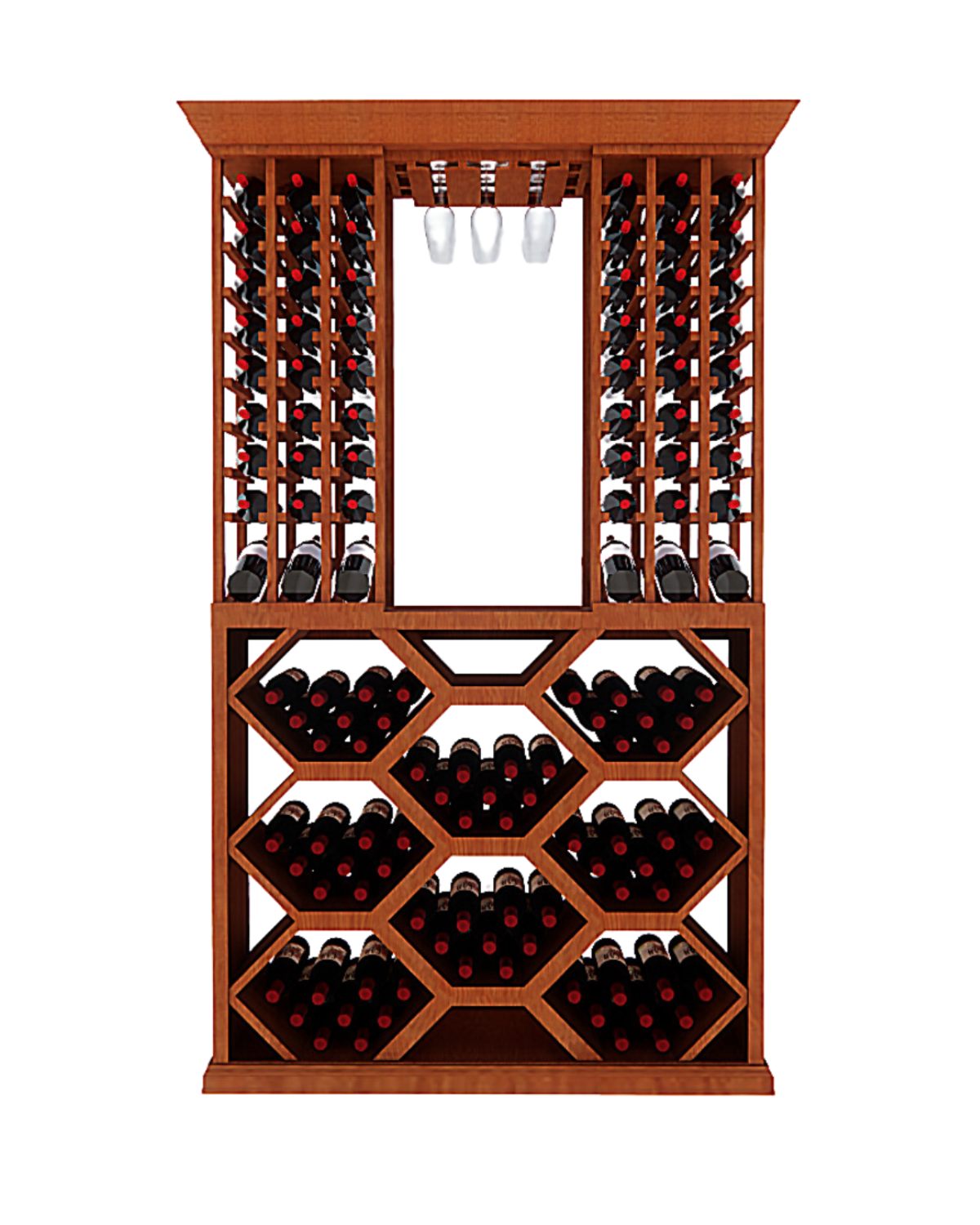 Wooden wine rack with bottles of wine on a white background