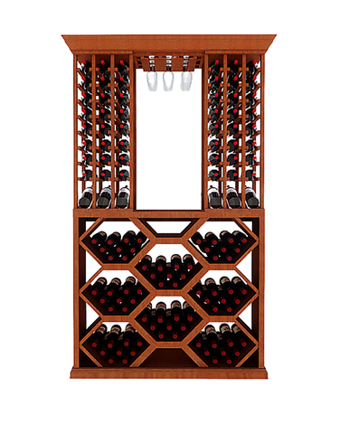 Wooden wine rack with bottles of wine on a white background
