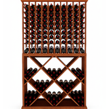 Wooden wine rack with multiple shelves filled with wine bottles on a white background