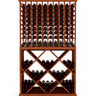 Wooden wine rack with multiple shelves filled with wine bottles on a white background