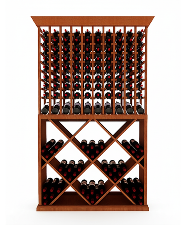 Wooden wine rack with multiple shelves filled with wine bottles on a white background