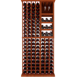 Wooden wine rack with multiple bottles of wine on a white background
