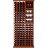 Wooden wine rack with multiple bottles of wine on a white background