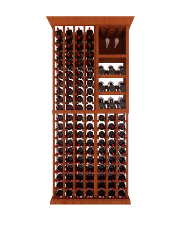 Wooden wine rack with multiple bottles of wine on a white background