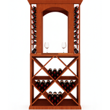 Wooden wine rack with bottles and glasses on a white background