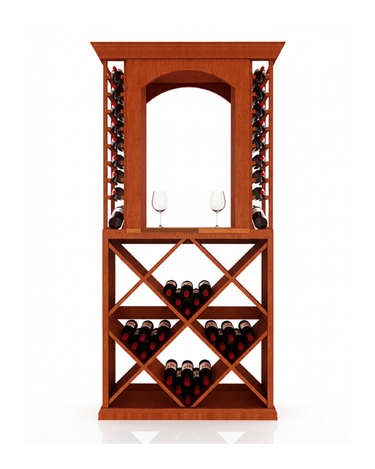 Wooden wine rack with bottles and glasses on a white background