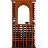 Wooden wine rack with bottles and glasses on a white background