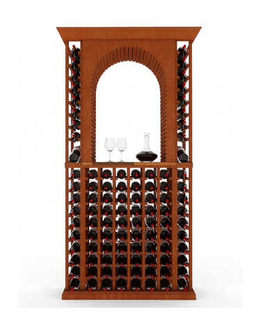 Wooden wine rack with bottles and glasses on a white background