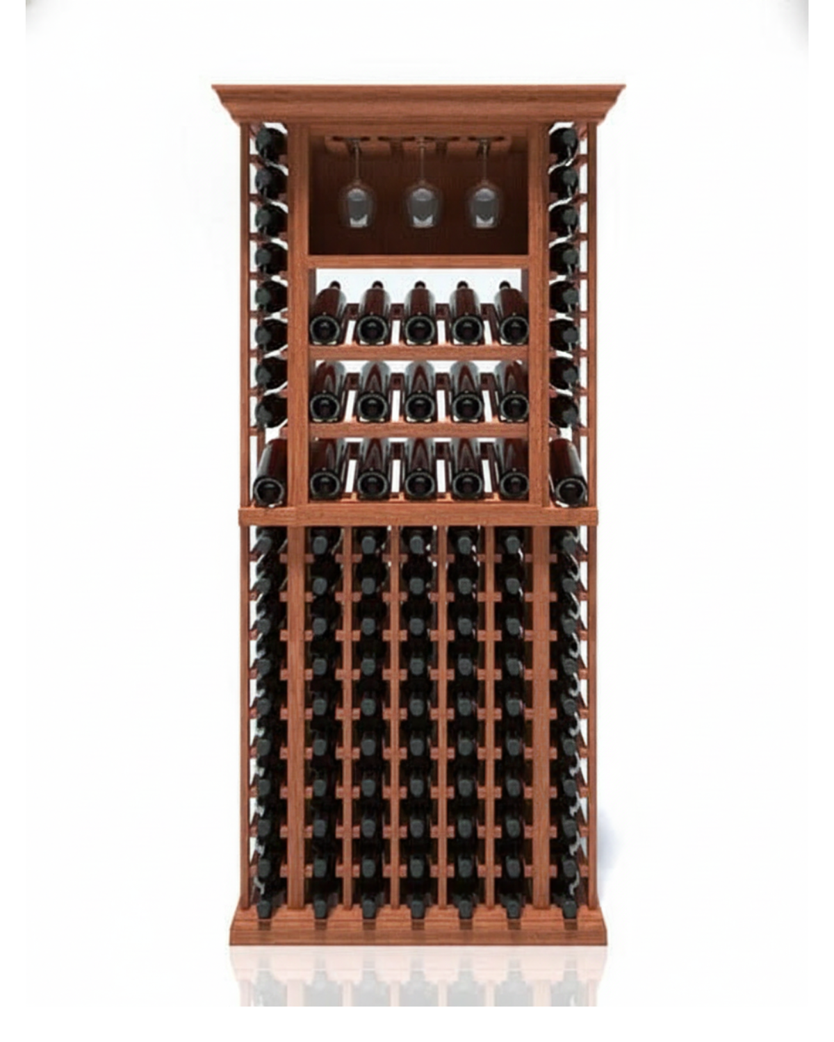 Wooden wine rack with bottles on a white background