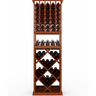 Wooden wine rack with multiple shelves filled with wine bottles on a white background