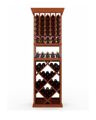 Wooden wine rack with multiple shelves filled with wine bottles on a white background