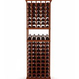 Wooden wine rack with multiple bottles on a white background