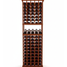 Wooden wine rack with multiple bottles on a white background