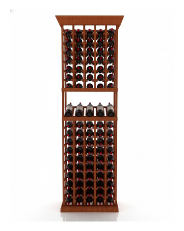 Wooden wine rack with multiple bottles on a white background
