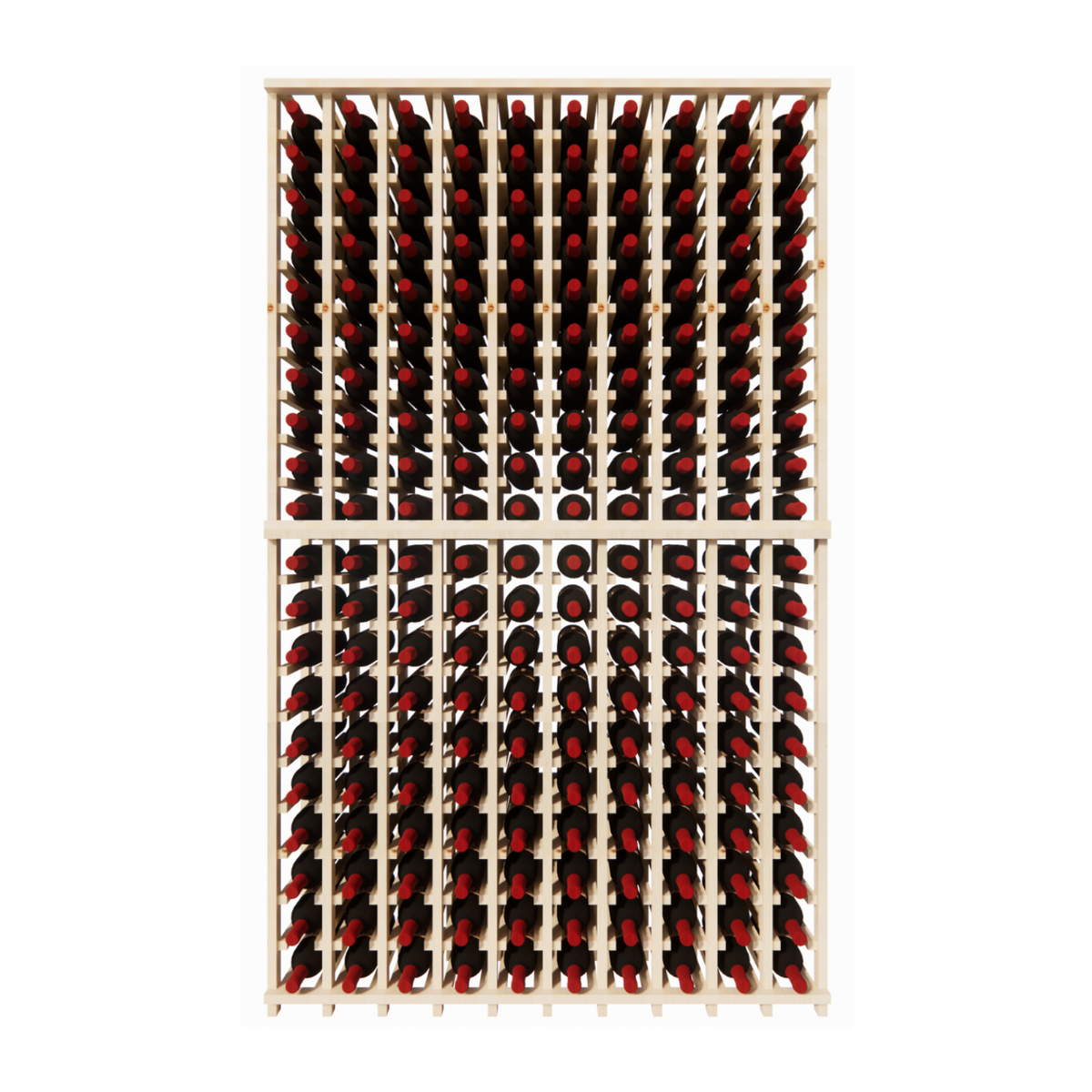 Wine rack with red wine bottles on a white background