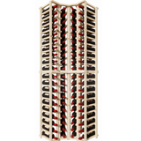 Wooden wine rack with multiple rows of wine bottles on a white background