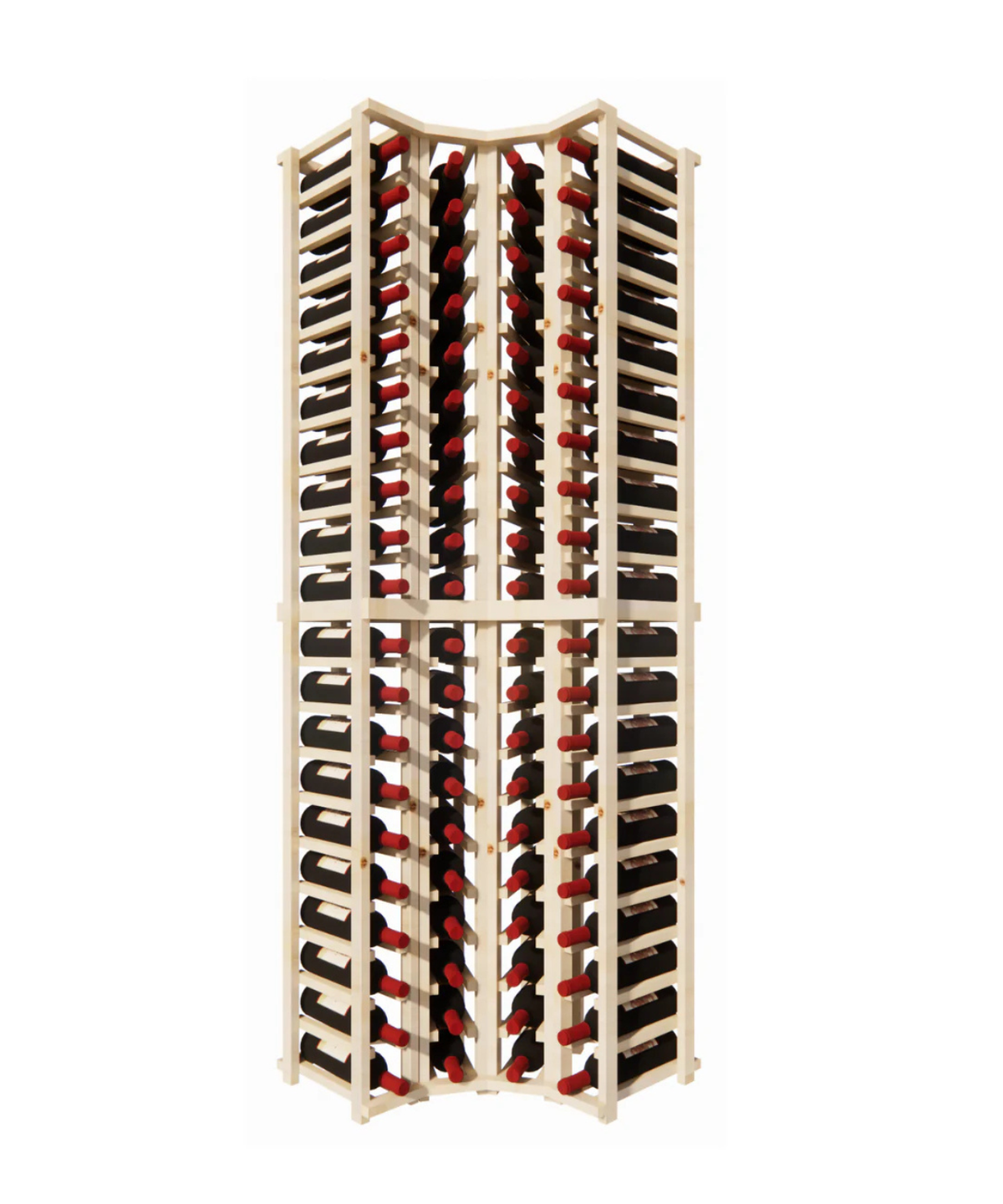 Wooden wine rack with multiple rows of wine bottles on a white background