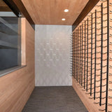 Modern kitchen interior with wooden cabinets, geometric wall pattern, and wine rack.