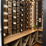 Wine rack with bottles on a wooden shelf in a modern interior setting.