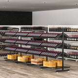 Wine shelves with bottles and boxes in a store setting