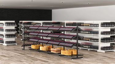 Wine shelves with bottles and boxes in a store setting