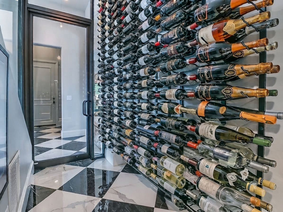 A wall-mounted wine bottle rack filled with assorted wine and spirits bottles