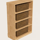 Wooden bookshelf with four shelves on a beige background