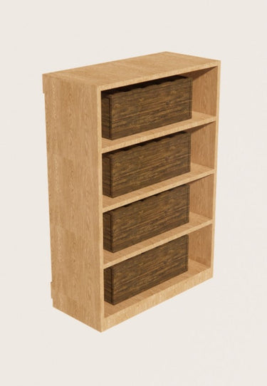 Wooden bookshelf with four shelves on a beige background