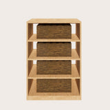 Wooden bookshelf with four shelves on a white background