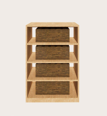 Wooden bookshelf with four shelves on a white background