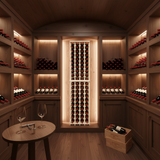 Wooden wine cellar with shelves filled with wine bottles, a small table with glasses, and a wooden crate.