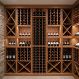 Wooden wine rack with neatly arranged bottles in a home setting.