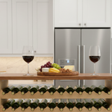 Wooden wine rack with bottles in a modern kitchen setting