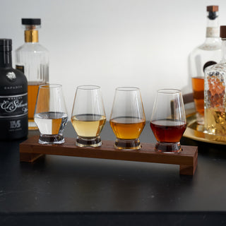 Crystal Spirit Glass Flight Set. 4 footed glasses and 1 serving board.