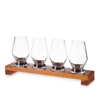 Crystal Spirit Glass Flight Set. 4 footed glasses and 1 serving board.