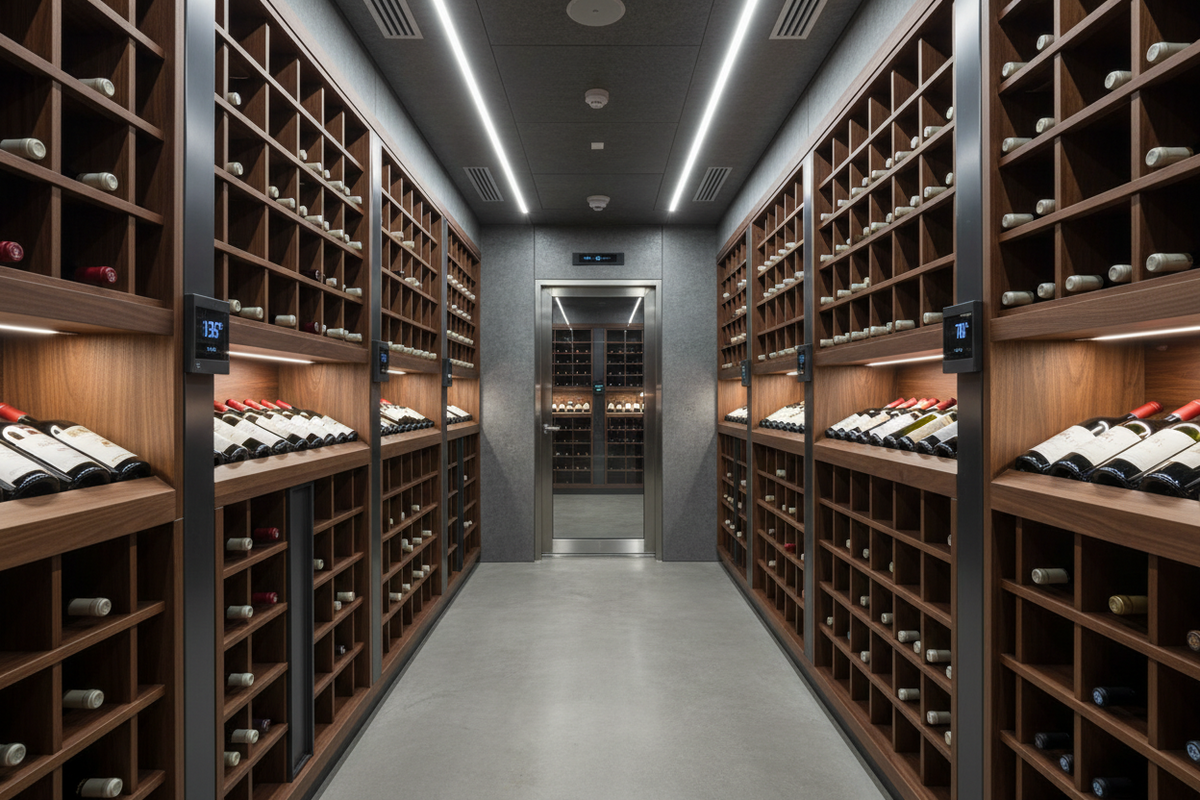 Commercial wine storage room with temperature-controlled racking system