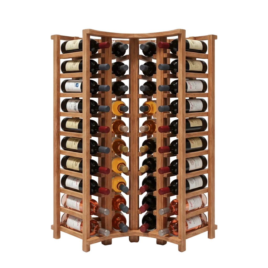 Wooden wine rack with multiple bottles on a white background
