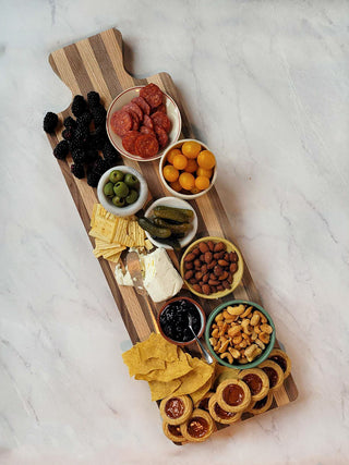 Solid Oak and Black Walnut Rectangular Charcuterie and Cutting Board with Handle and Food