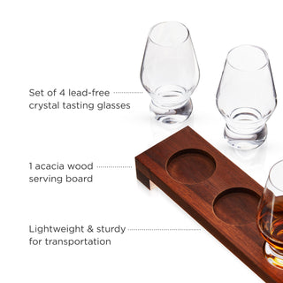 Crystal Spirit Glass Flight Set. 4 footed glasses and 1 serving board.