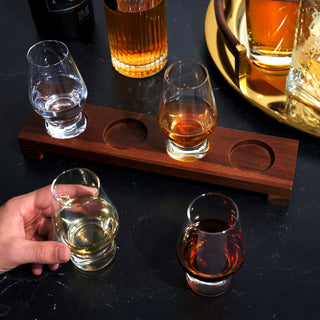 Crystal Spirit Glass Flight Set. 4 footed glasses and 1 serving board.