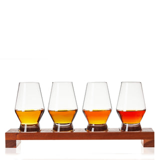 Crystal Spirit Glass Flight Set. 4 footed glasses and 1 serving board.